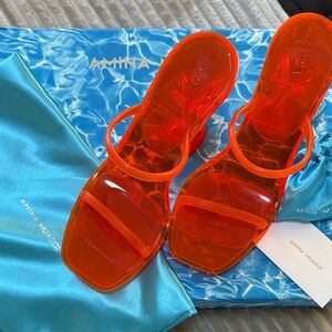 Amina Muaddi Brito Orange Heels